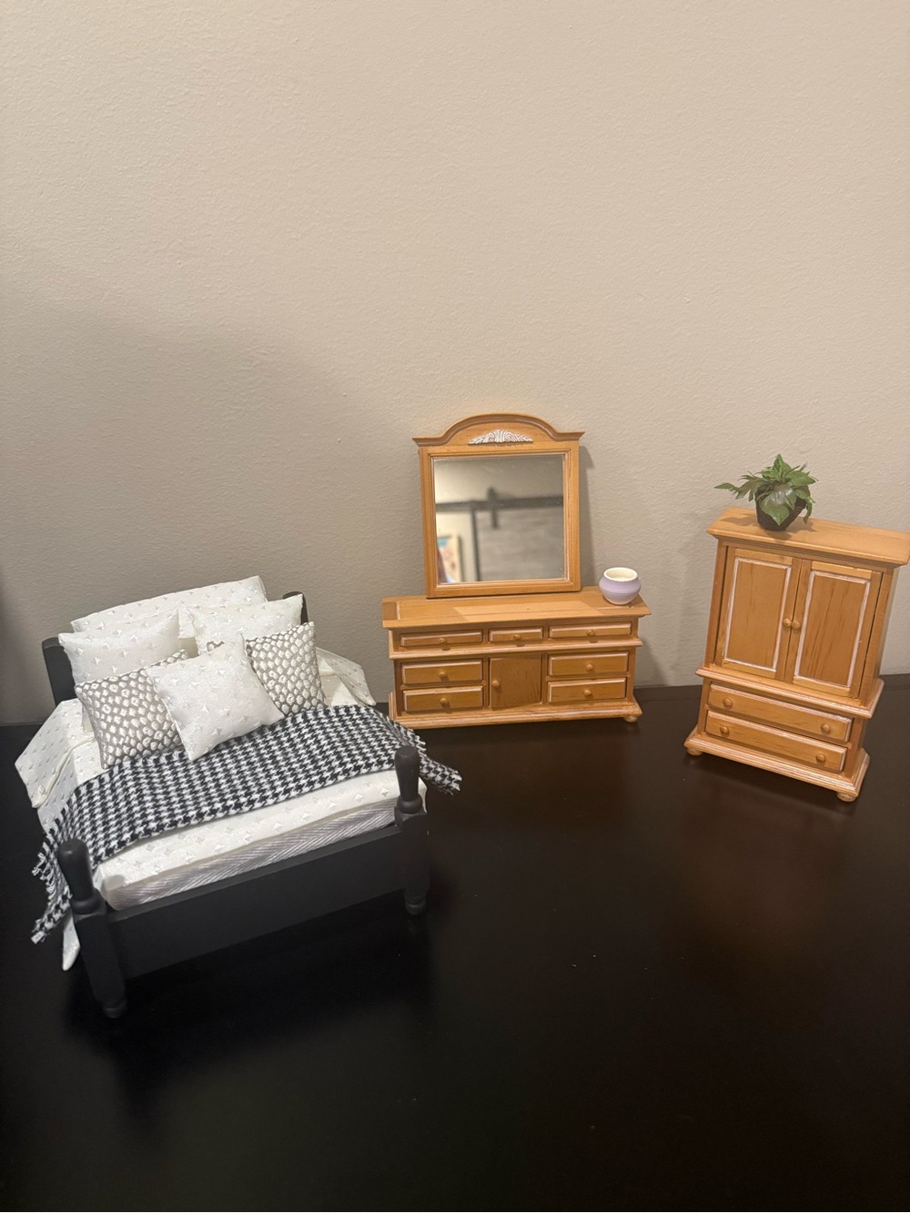Miniature Wooden Bedroom Set with Black Bed and Patterned Bedding